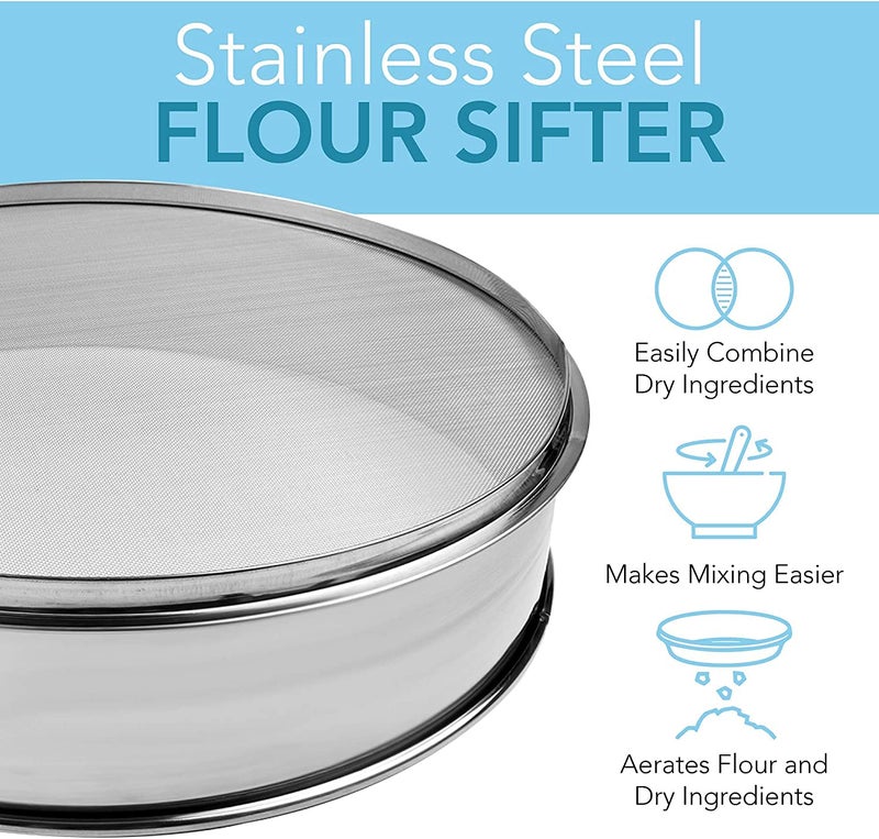 Vollum Stainless Steel Flour Sifter Fine Mesh Round Flour Sieve for Baking 12" Diameter x 2.5" High; 20 Mesh (Hole Size 0.85mm) - Image 2